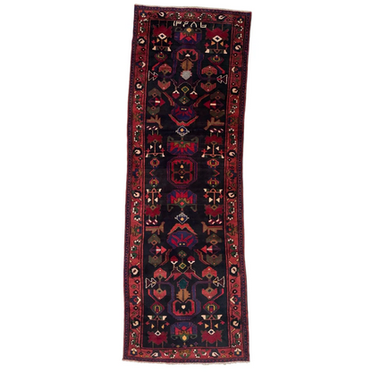 Dark blue Persian tribal Hamadan runner rug with intricate patterns