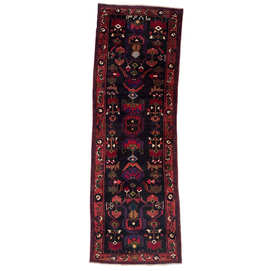 Dark blue Persian tribal Hamadan runner rug with intricate patterns