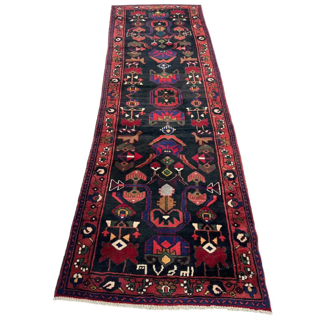 Dark blue Persian tribal Hamadan runner rug with intricate patterns