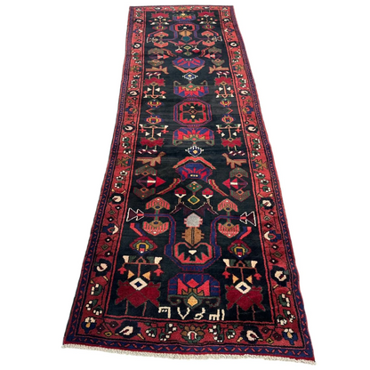 Dark blue Persian tribal Hamadan runner rug with intricate patterns