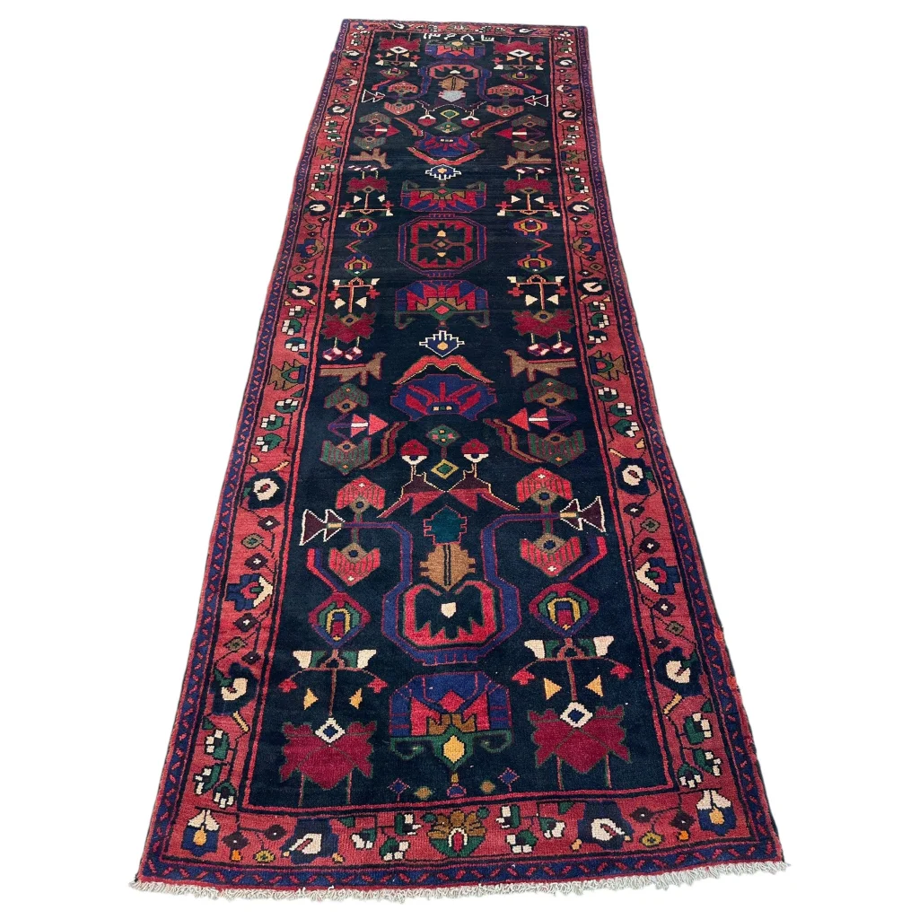 Dark blue red Persian tribal Hamadan runner rug with geometric patterns