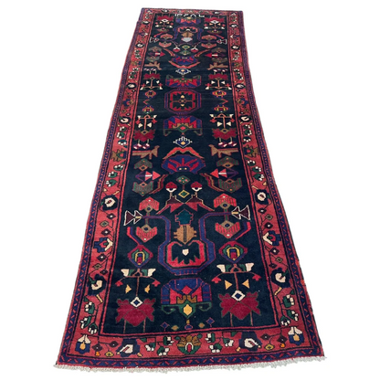 Dark blue red Persian tribal Hamadan runner rug with geometric patterns
