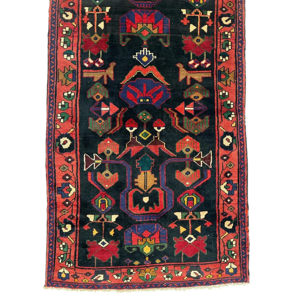 Dark blue Persian tribal Hamadan wool runner with red borders