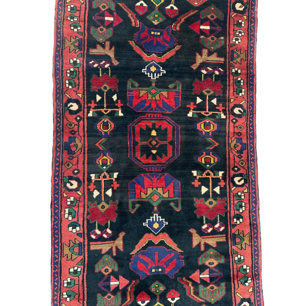 Dark blue Persian tribal Hamadan runner rug with intricate patterns