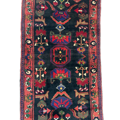 Dark blue Persian tribal Hamadan runner rug with intricate patterns