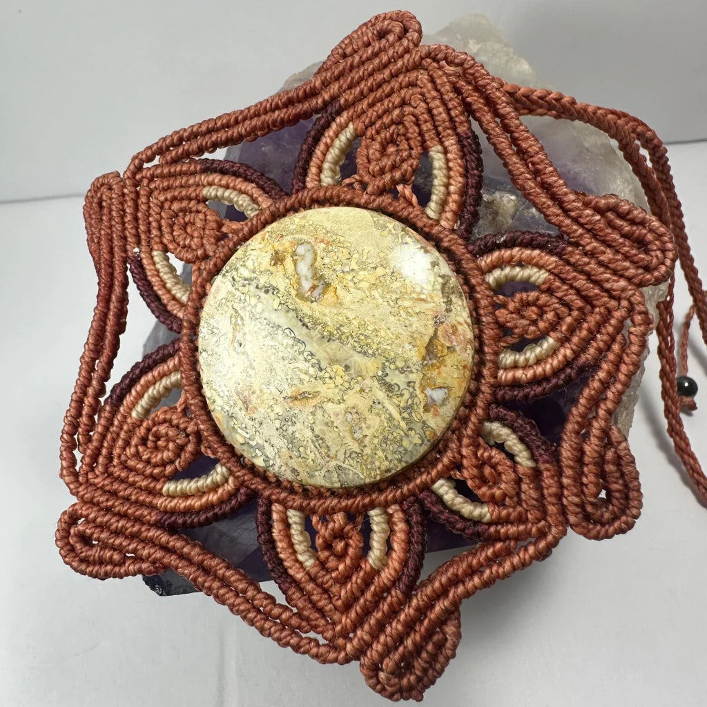 Hand woven jasper cabochon in marbled yellow beige stone bracelet