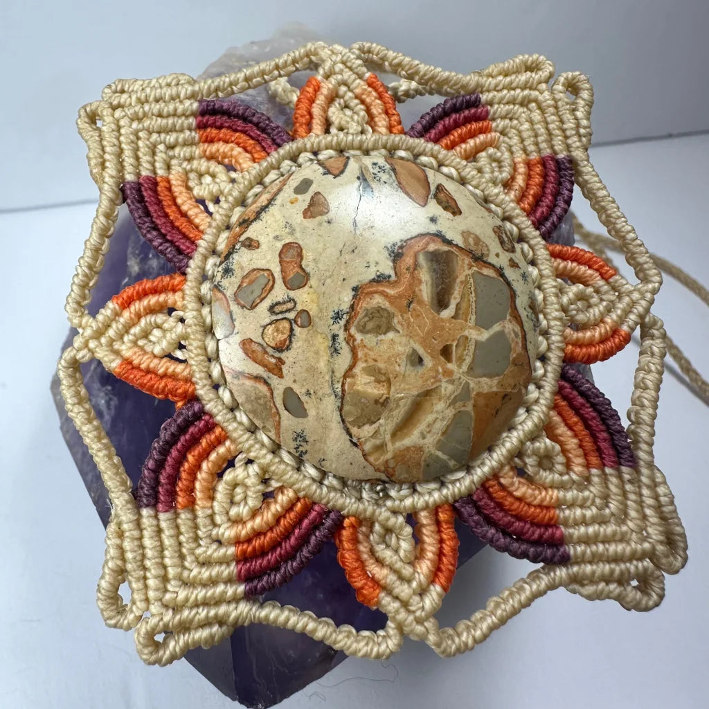 Hand woven flower necklace with jasper cabochon pendant