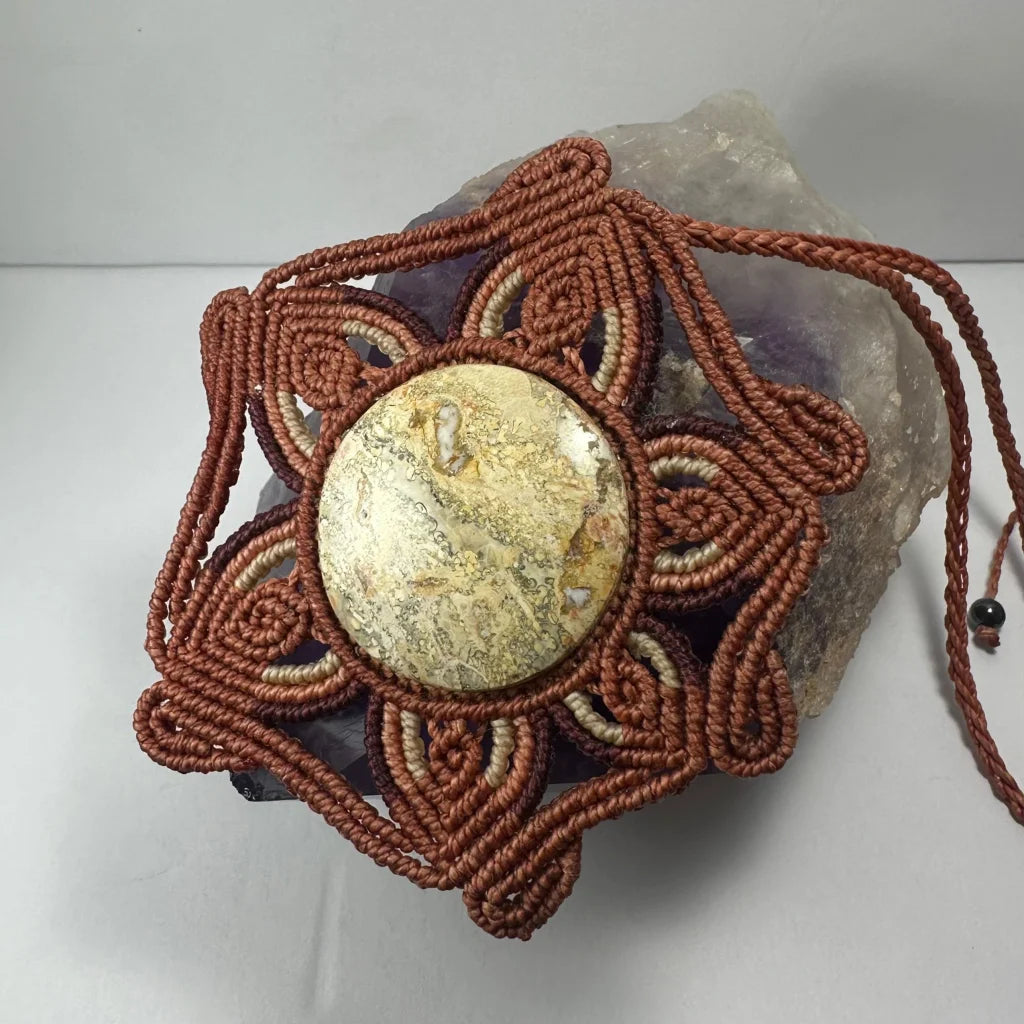 Hand woven flower necklace with jasper cabochon and marbled stone