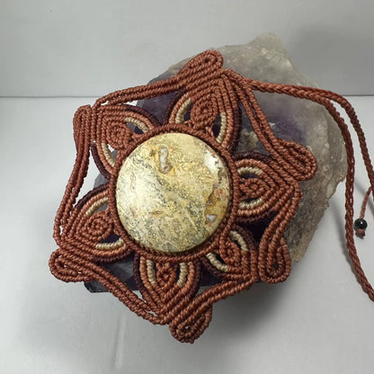 Hand woven flower necklace with jasper cabochon and marbled stone
