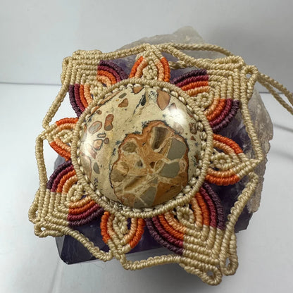 Hand woven flower necklace with polished jasper cabochon