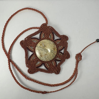Hand woven flower necklace with jasper cabochon pendant