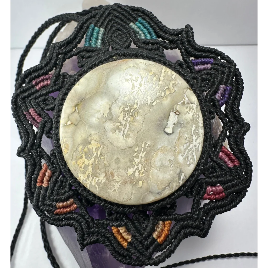 Hand woven flower necklace with jasper cabochon in macrame knotwork