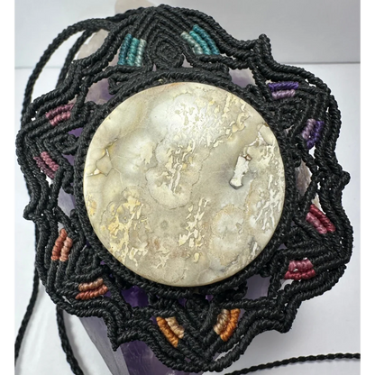 Hand woven flower necklace with jasper cabochon in macrame knotwork