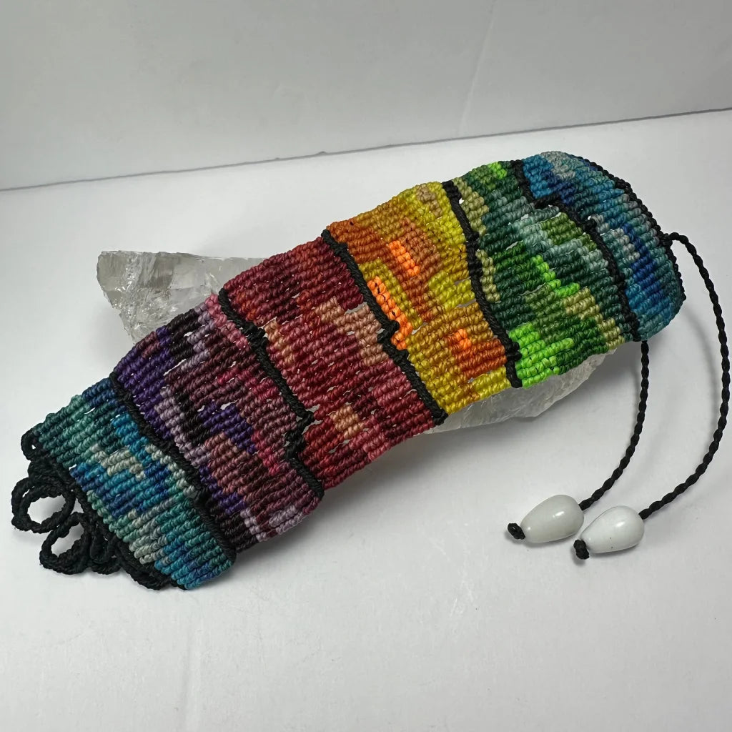 Hand woven rainbow beaded pouch from Mexico with vibrant gradient