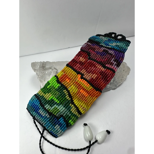 Hand woven rainbow beaded pouch from Mexico with drawstring
