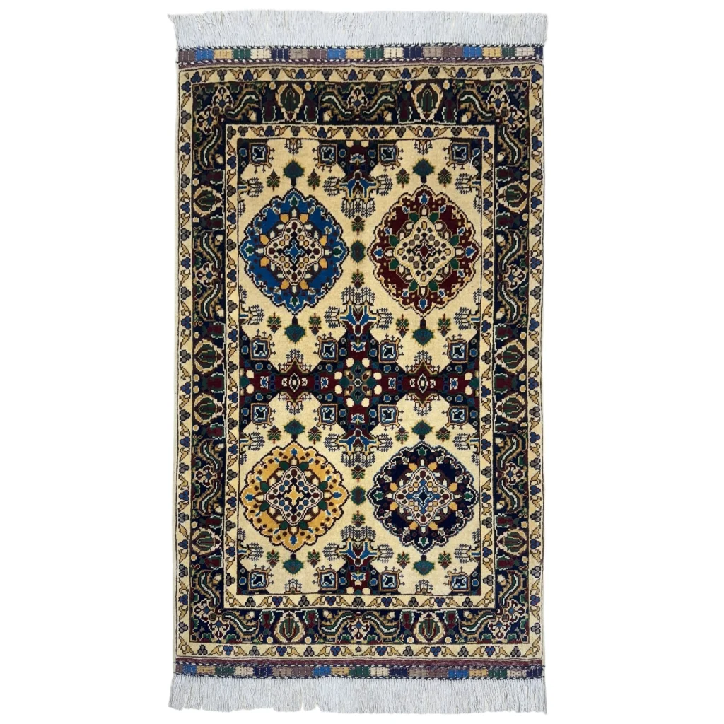 Handmade Afghan Kashi rug in beige blue pattern with cotton foundation