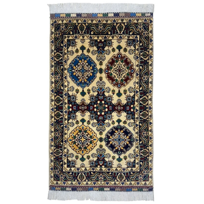 Handmade Afghan Kashi rug in beige blue pattern with cotton foundation