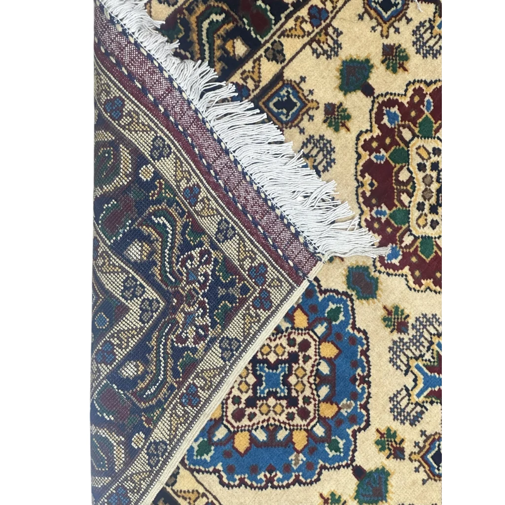 Handmade Afghan Kashi rug with beige blue geometric patterns and cotton foundation