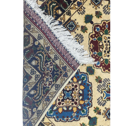Handmade Afghan Kashi rug with beige blue geometric patterns and cotton foundation