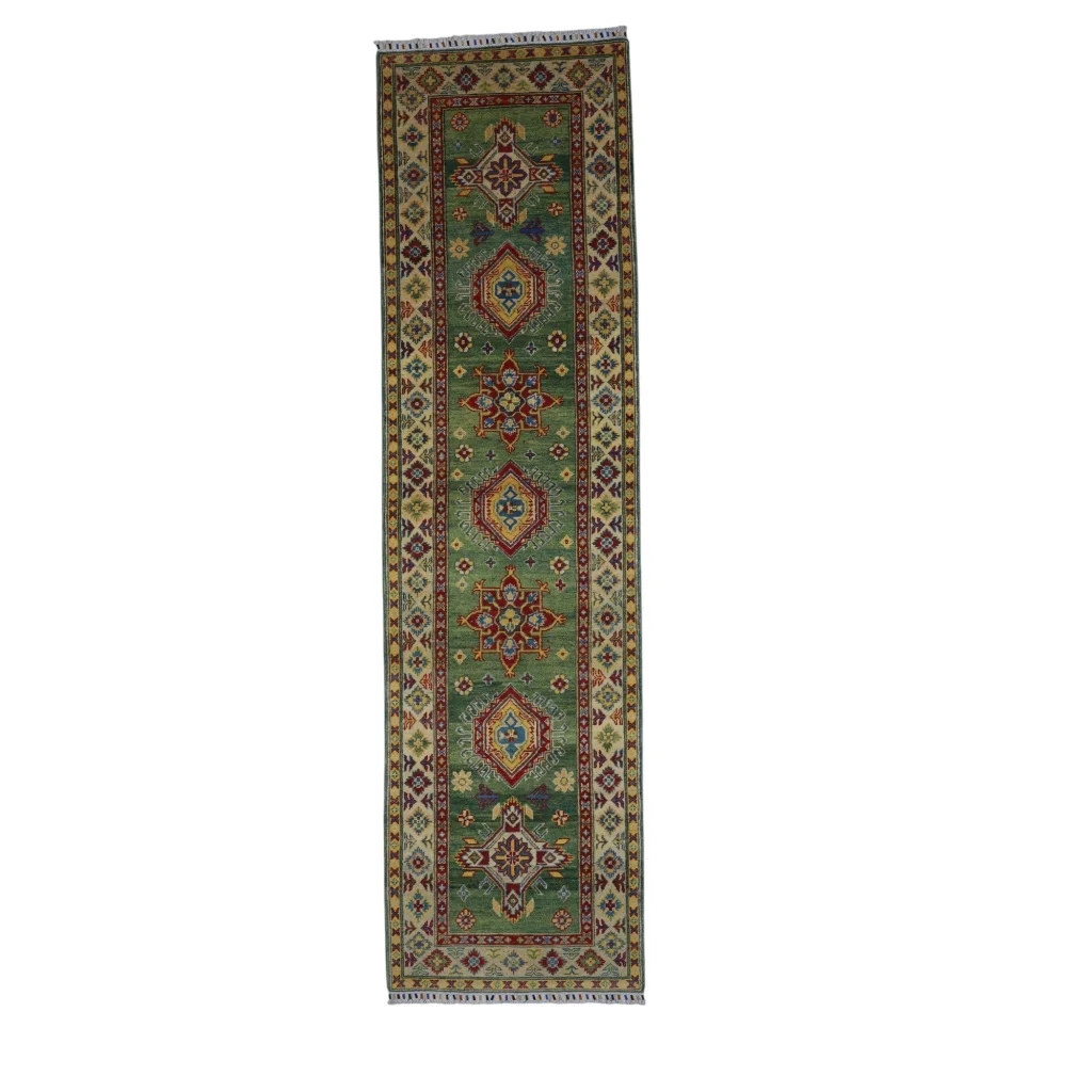 Handmade Afghan Kazak wool runner rug with cotton foundation, green with geometric floral patterns