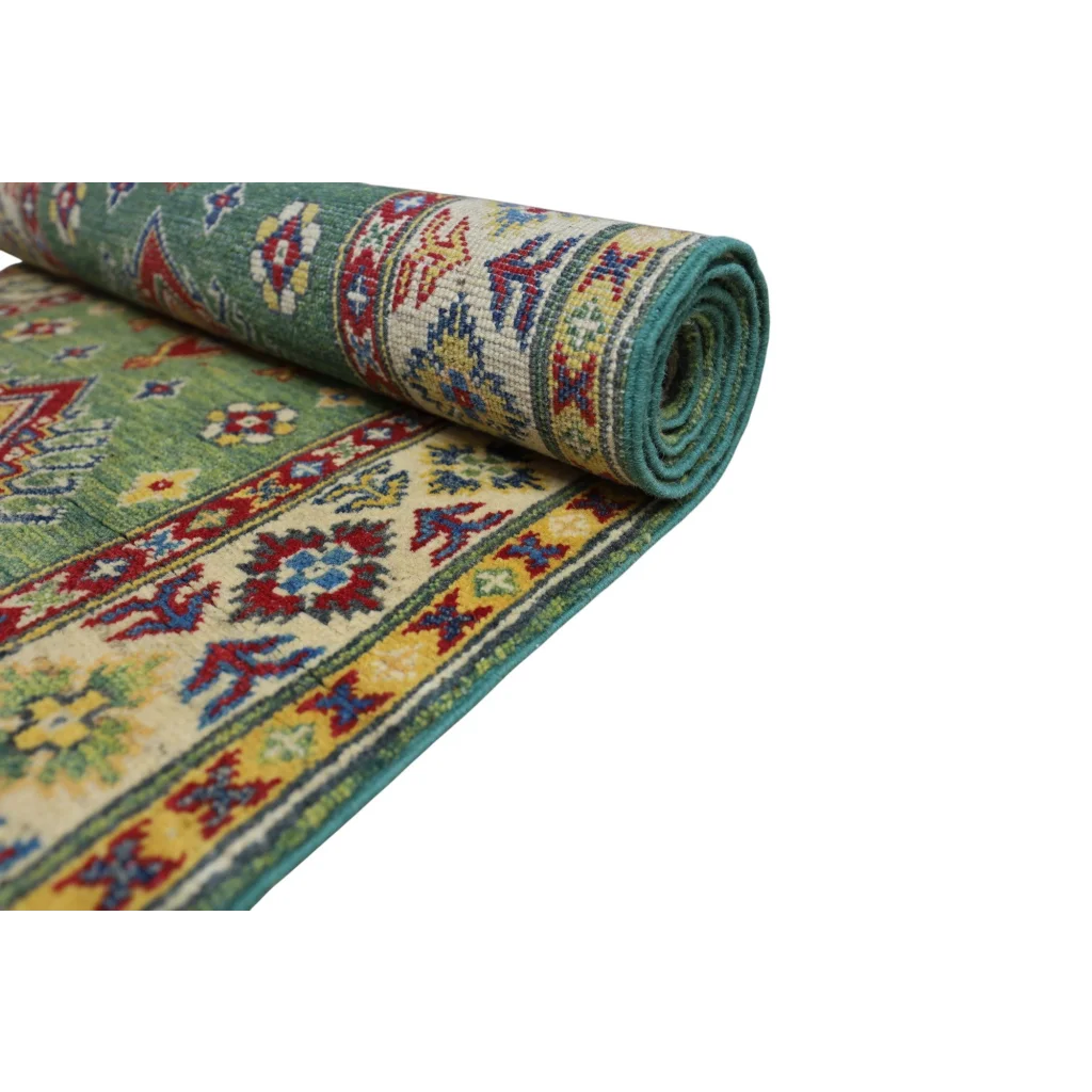 Handmade Afghan Kazak wool runner with cotton foundation, rolled rug