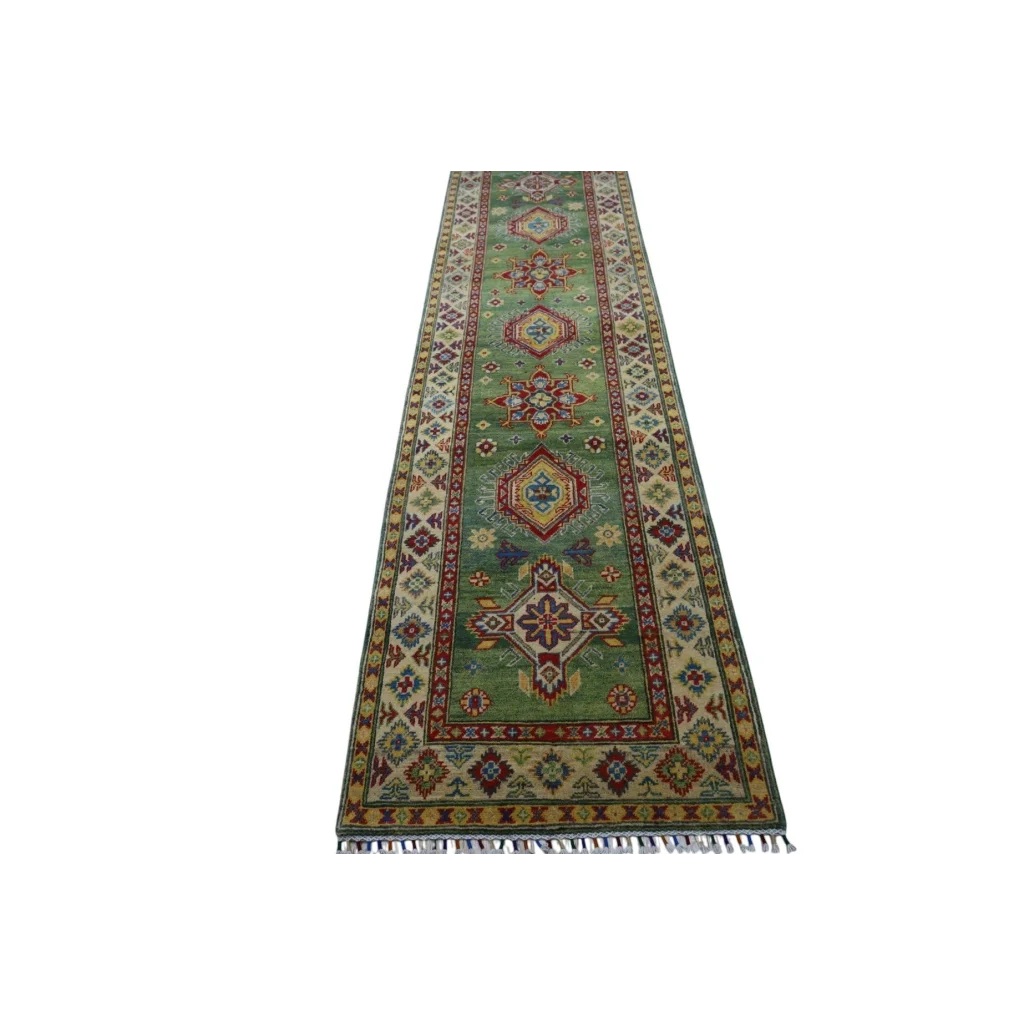 Handmade Afghan Kazak wool runner rug with cotton foundation, green with geometric floral patterns