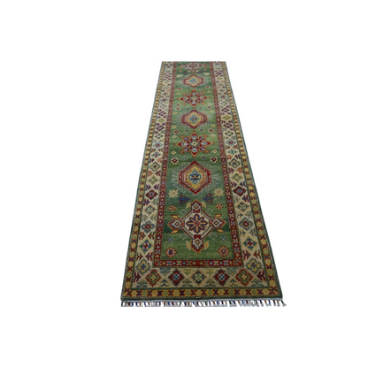 Handmade Afghan Kazak wool runner rug with cotton foundation, green with geometric floral patterns