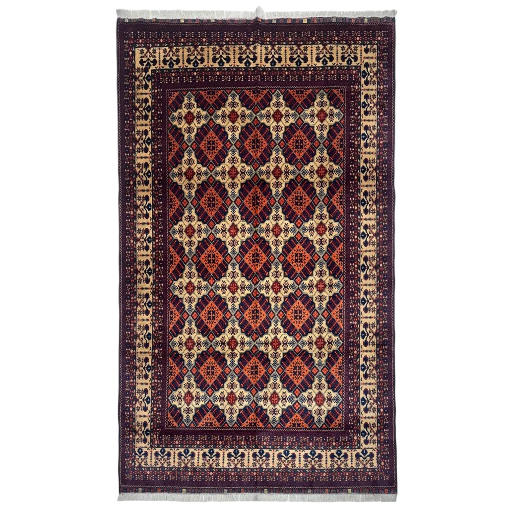 Handmade Afghan Yusufi rug with cotton foundation in burgundy patterns