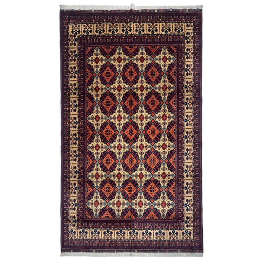 Handmade Afghan Yusufi rug with cotton foundation in burgundy patterns
