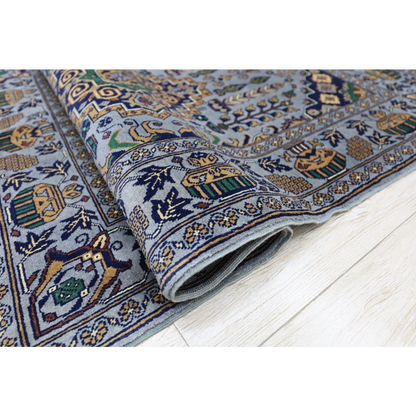 Handmade Afghan Zerkhaki rug in light blue with gold motifs on cotton foundation