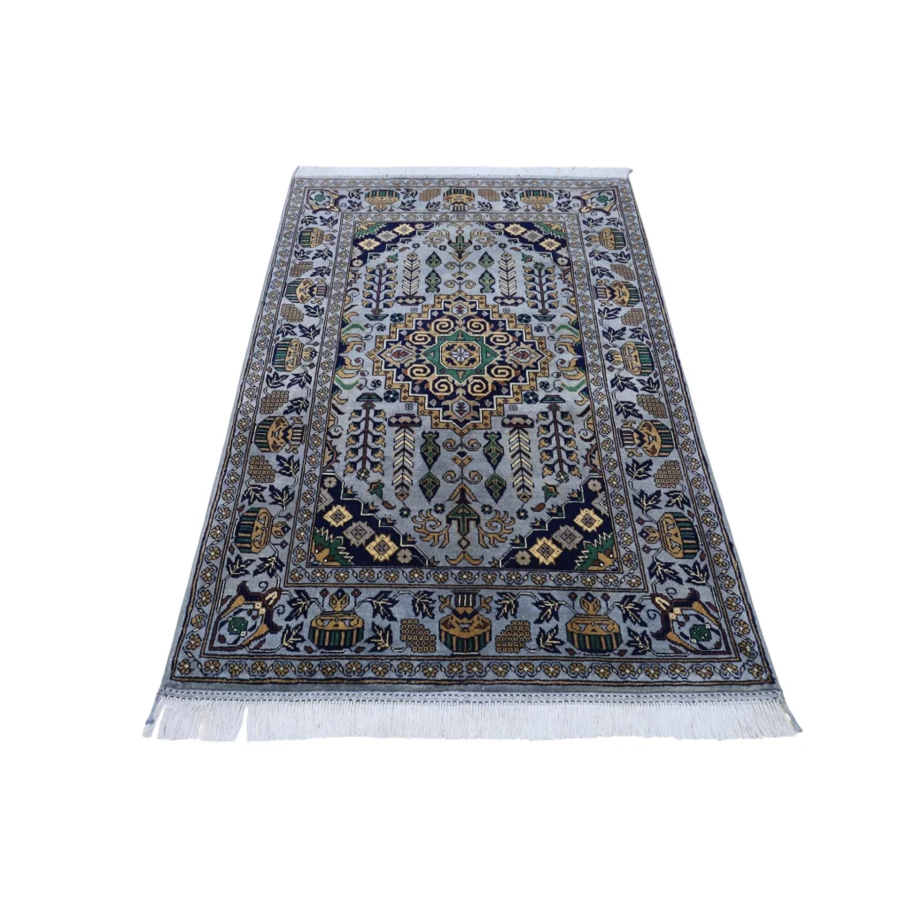 Handmade Afghan Zerkhaki rug with cotton foundation, blue floral medallion
