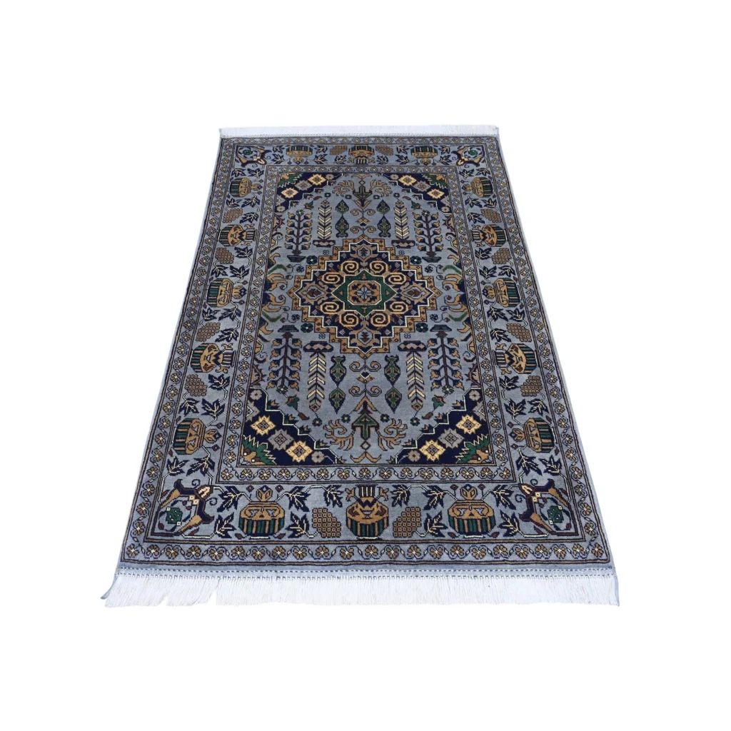 Handmade Afghan Zerkhaki rug in gray with cotton foundation and intricate patterns