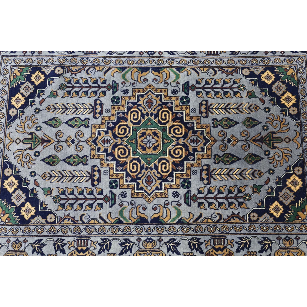 Handmade Afghan Zerkhaki rug in gray navy with gold geometric patterns on cotton foundation