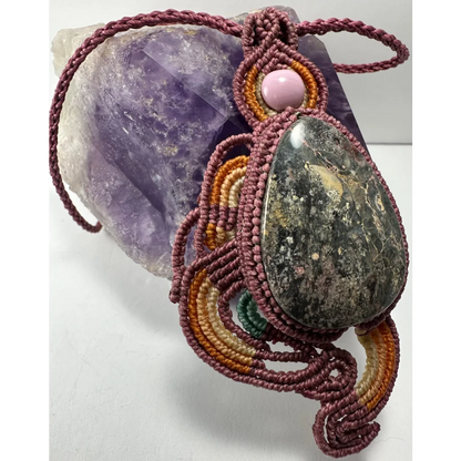Handmade rhodonite macrame necklace with speckled green stone