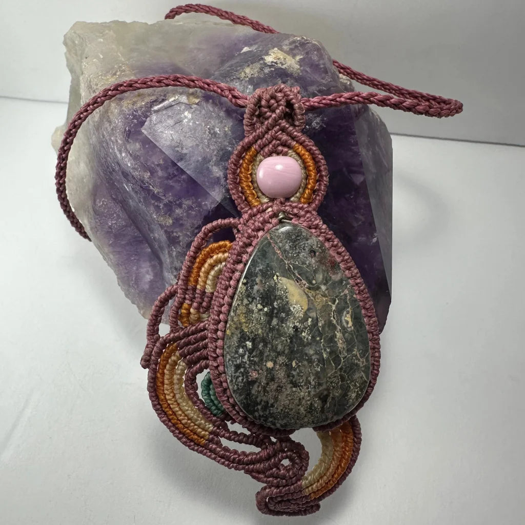 Handmade rhodonite macrame necklace with teardrop green stone pendant