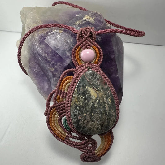 Handmade rhodonite macrame necklace with teardrop green stone pendant