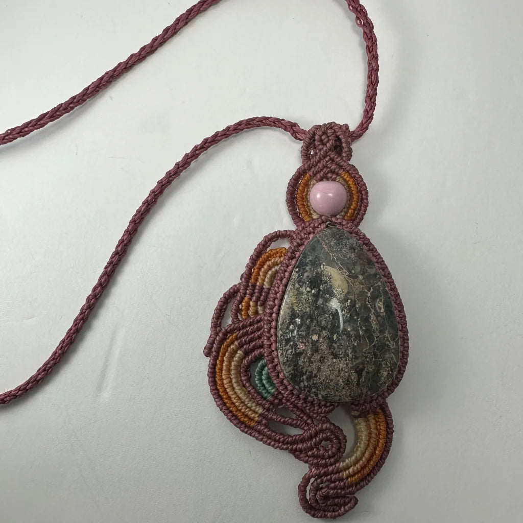 Handmade rhodonite macrame necklace with teardrop pendant
