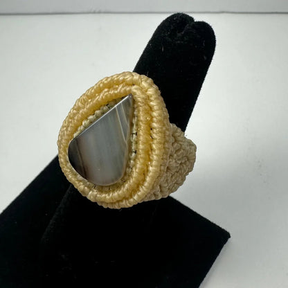 Handmade woven ring with beige macrame and silver teardrop stone