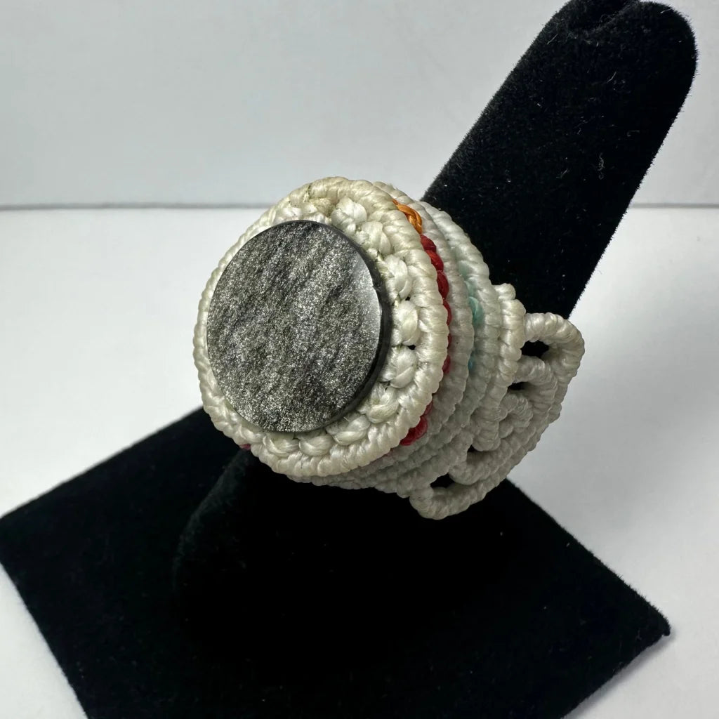 Chunky handmade woven ring with off-white yarn and silver aventurine stone