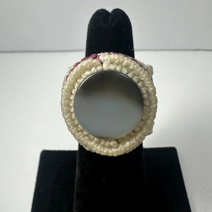 Handmade woven ring with cream macrame and grayish stone center