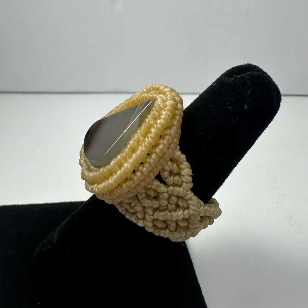 Handmade woven ring with cream macrame and gray stone center