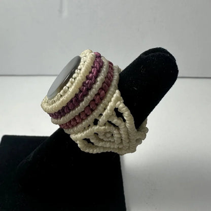 Handmade woven ring with gray stone center and mauve cordwork