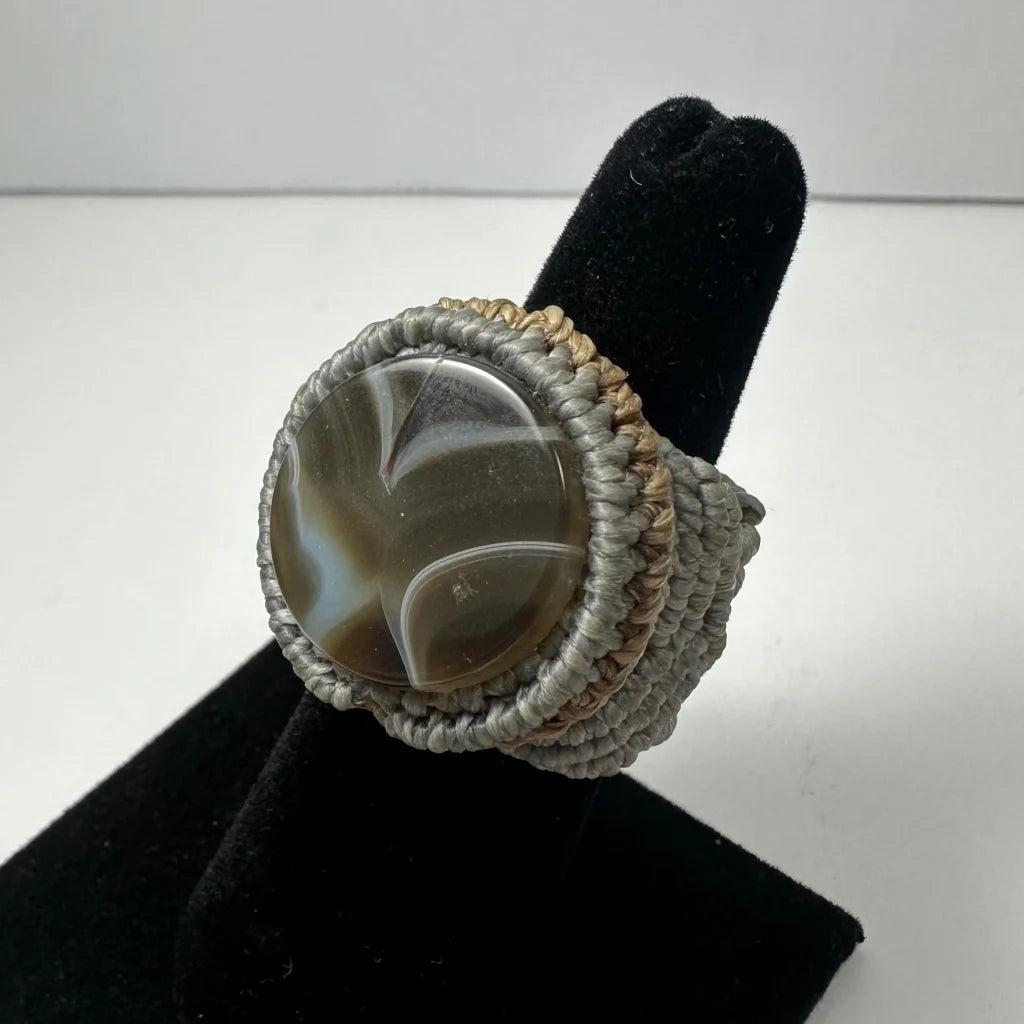 Handmade woven ring with brown white agate in gray beige cord