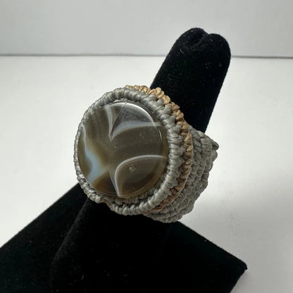 Handmade woven ring with brown white agate in gray beige cord
