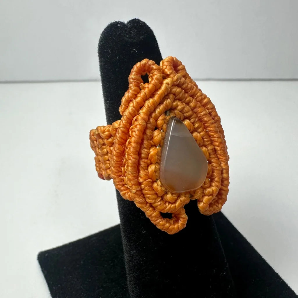 Handmade woven ring with orange macrame and brown teardrop stone