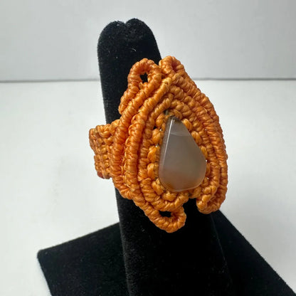 Handmade woven ring with orange macrame and brown teardrop stone
