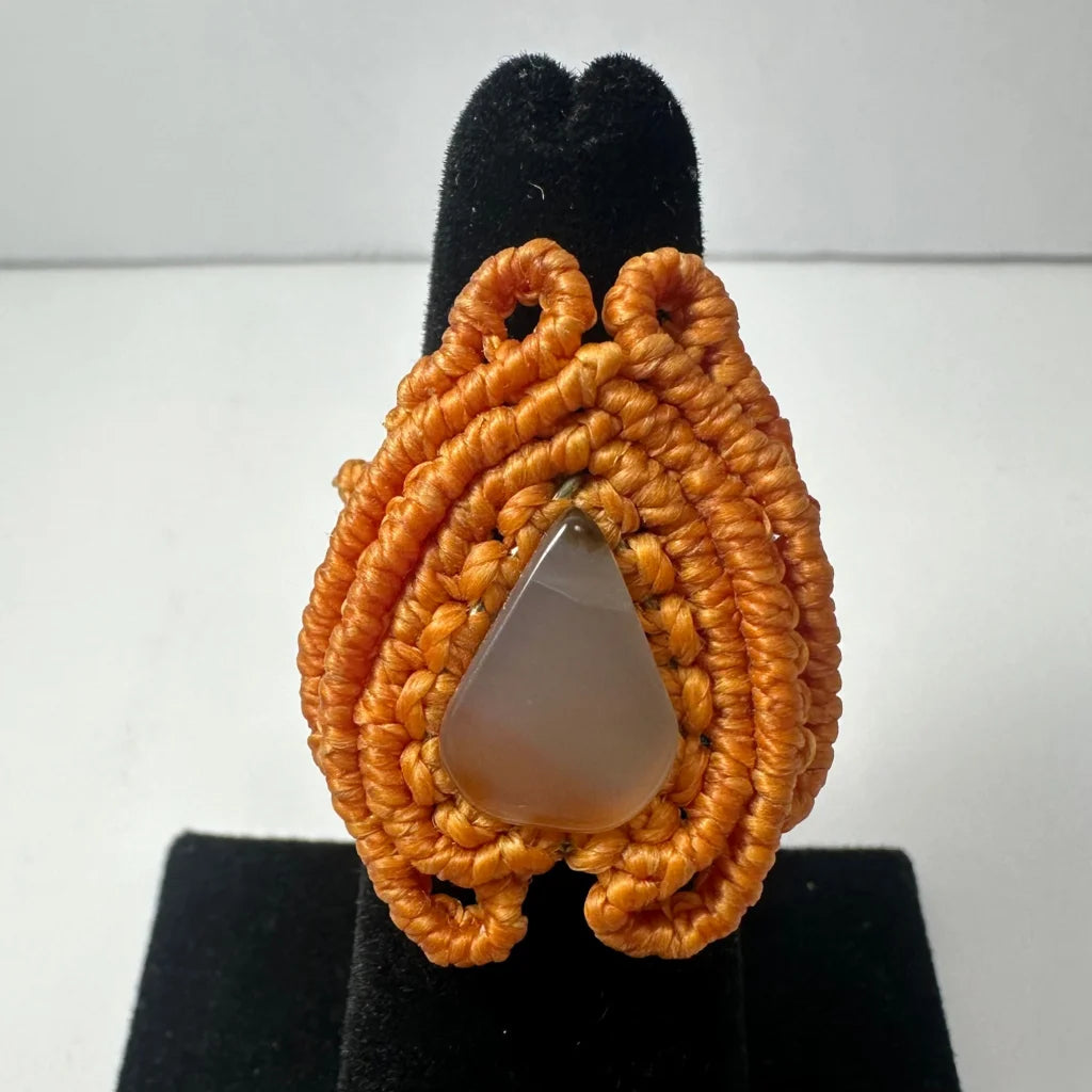 Handmade woven ring with orange macrame and teardrop agate stone