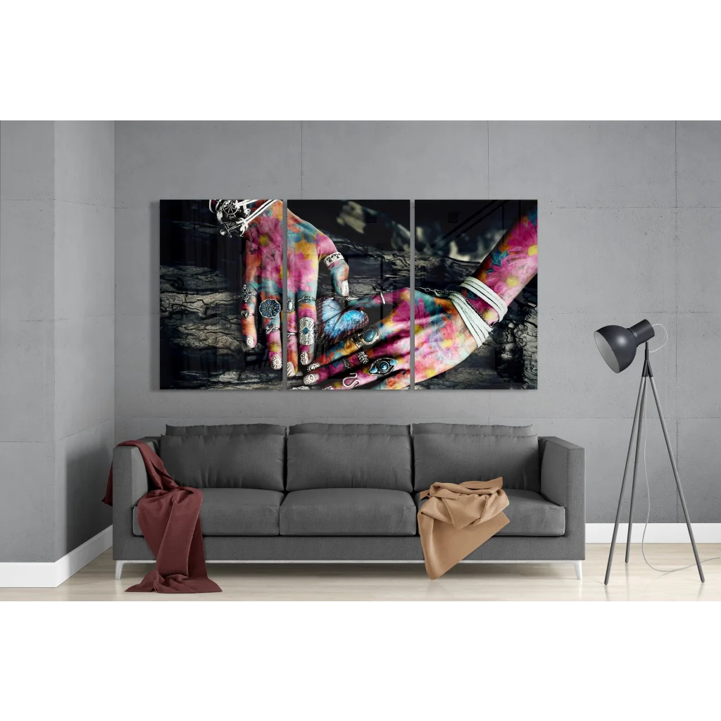 Stunning Tattooed Hands Glass Wall Art Multi Panel Canvas | Modern Wall Art Decor | vintageantiquesgifts.com