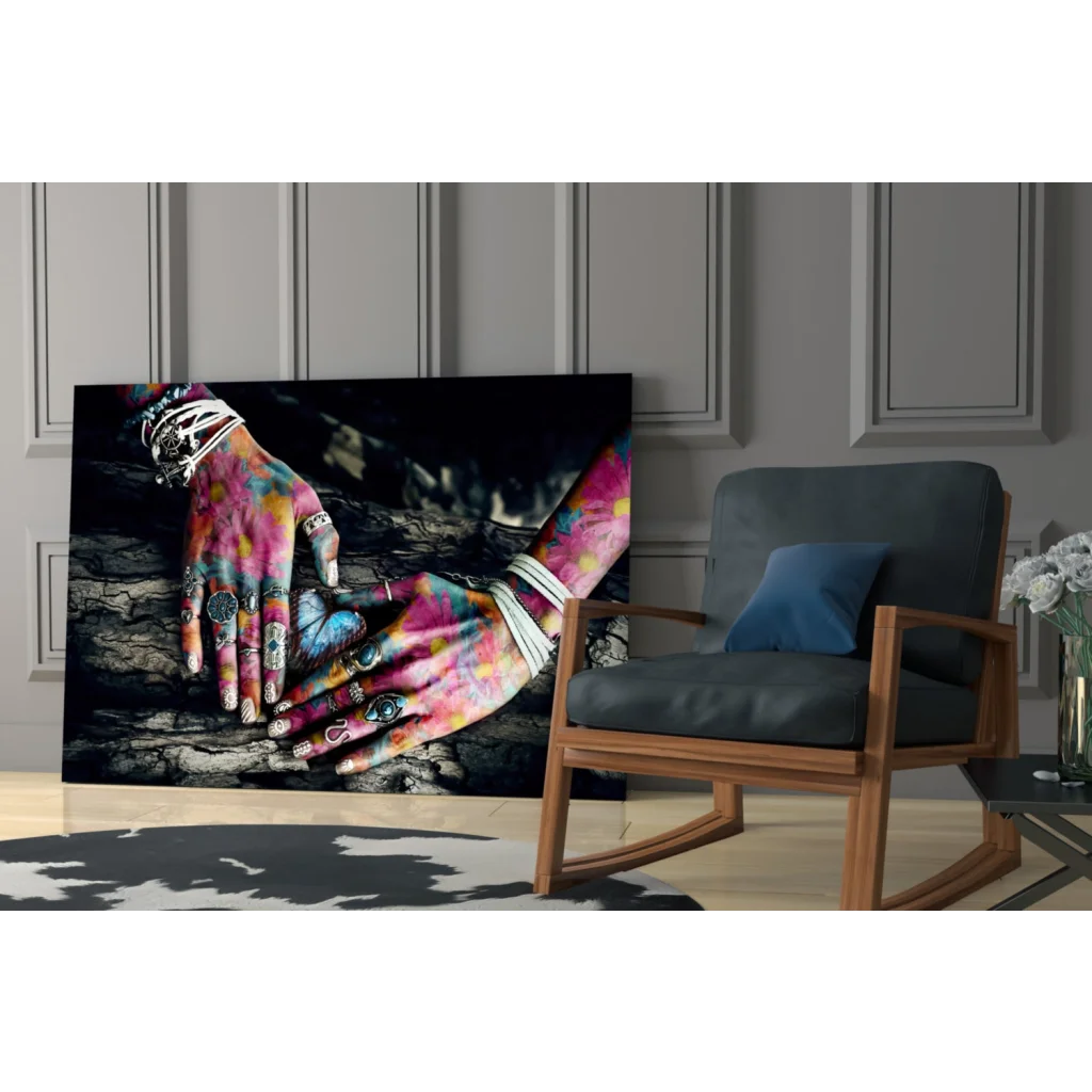 Psychedelic hands wall art canvas with colorful tattoos and jewelry