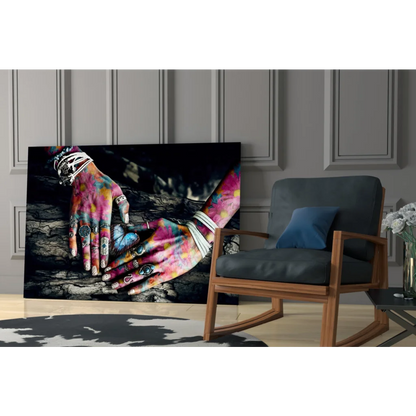 Psychedelic hands wall art canvas with colorful tattoos and jewelry